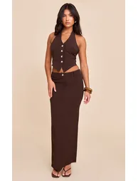 Dark Brown Tailored Woven Backless Halterneck Waistcoat - 2