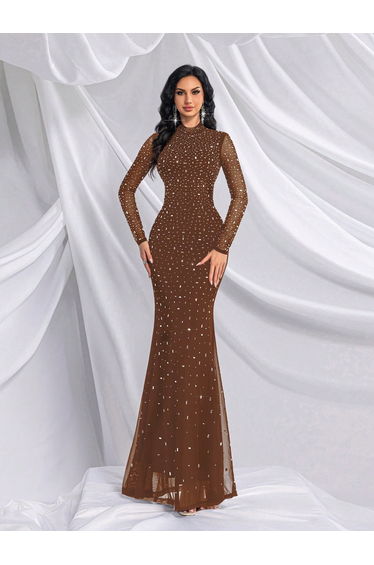 QOQ Brown Beaded Chiffon Evening Gown