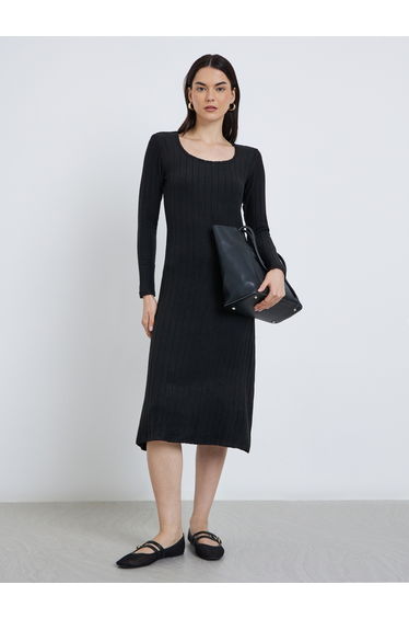 Women Black Ribbed Midi Dress