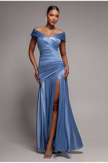 Satin Off Shoulder Pleated Maxi Dress - Dusty Blue by Goddiva