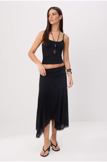 Black A-Line/A Bell Form Lace Detailed High Waist Foam Knitted Skirt