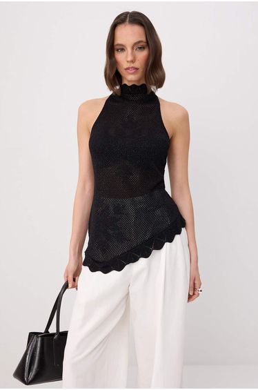 Black Openwork Halter Neck Knitwear Slim Knitwear Blouse