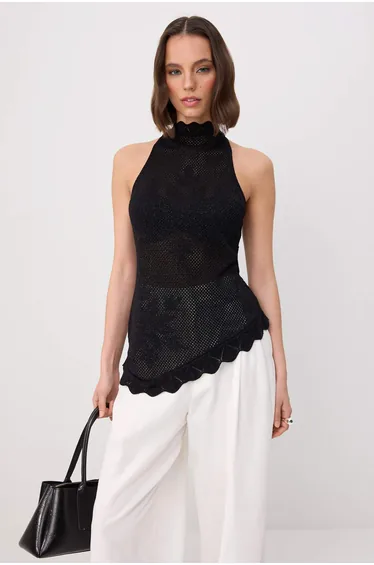 Black Openwork Halter Neck Knitwear Slim Knitwear Blouse