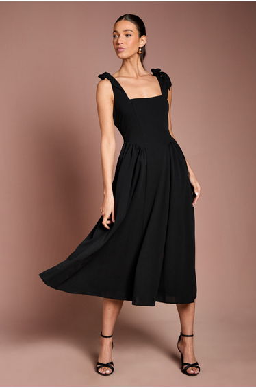 Sleeveless Crepe Midi Dress With Bow Detail Straps