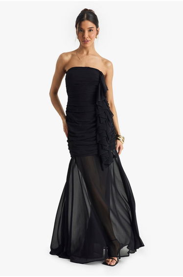 Chiffon Ruched Maxi Dress - black