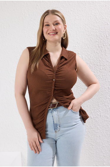 Brown Shirt Collar Gathered Knitting Plus Size Blouse