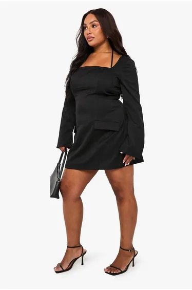 فستان بجيوب لون أسود - للمقاسات الكبيرة