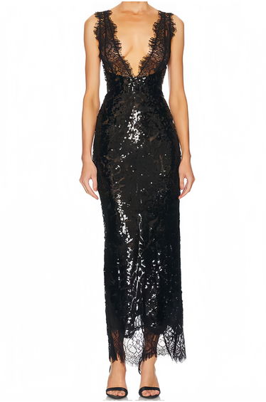 Ava Black Lace Panel Sequined Maxi Dress