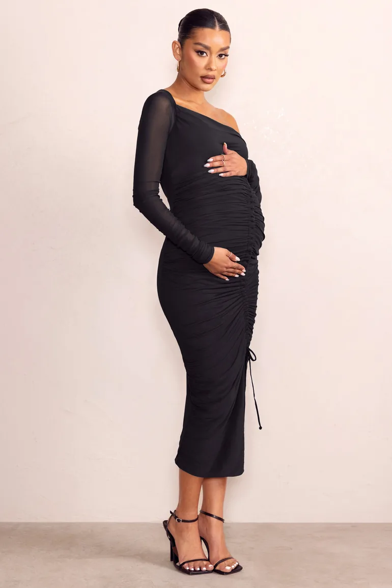 Shop Sweet Dreams | Black Maternity Maternity Asymmetric Ruched Midi Dress  Online in Oman