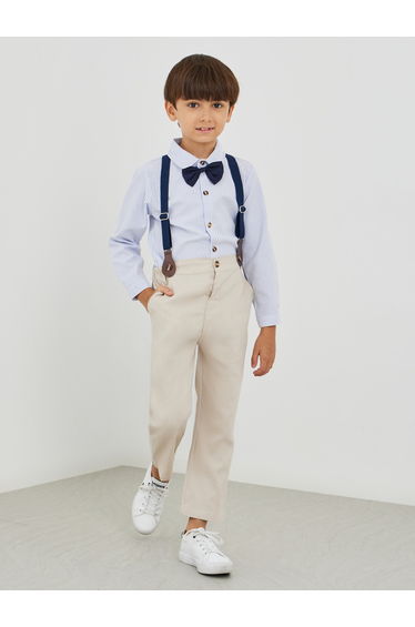 Boys Striped Long Sleeve Shirt and Pants Set with Bow and Suspender
