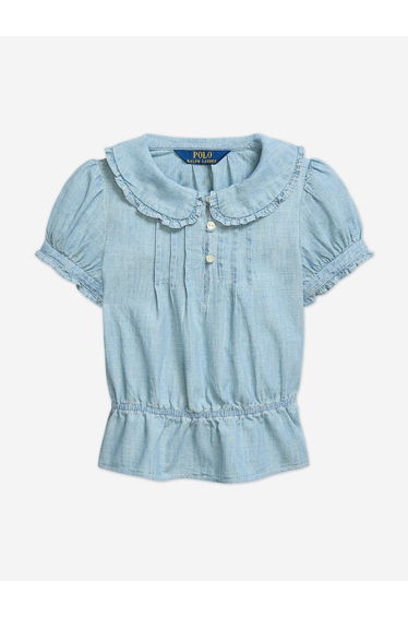 Ralph Lauren Girls Chambray Ruffle Blouse in Blue