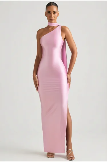 Asymmetric Scarf-Detail Maxi Dress in Soft Pink