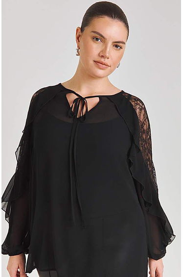 Black Lace Mix Ruffle Blouse