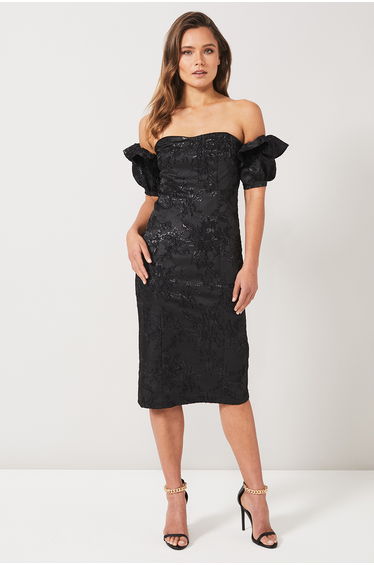 BYV London Black Off-Shoulder Jacquard Dress