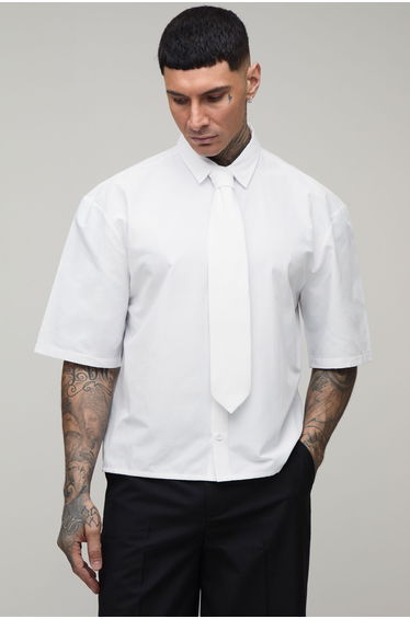 Oversized Boxy Half Sleeve Shirt and Tie - white
