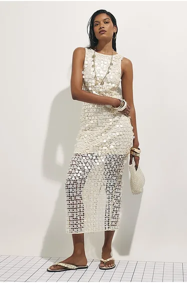 White Sleeveless Sequin Crochet Midi Dress
