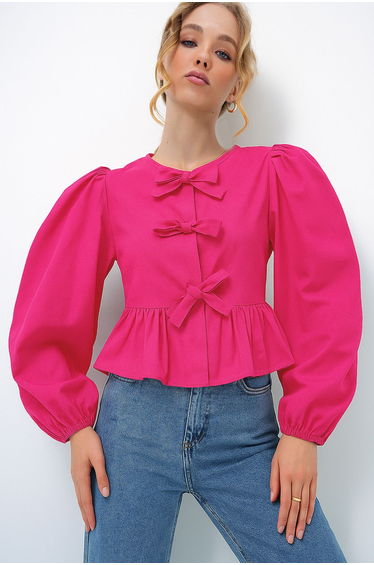 Women's Fuchsia Crew Neck Bow Tie Princess Sleeve Poplin Blouse