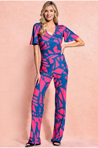 Straight Leg Jumpsuit with V-neck and Flare Sleeves