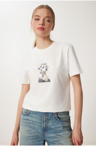 Women's Bone Stylish Stone Crest Cotton Knitted T-Shirt