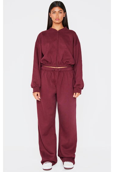 Burgundy Drawcord Waist Cropped Zip Up Sweatshirt