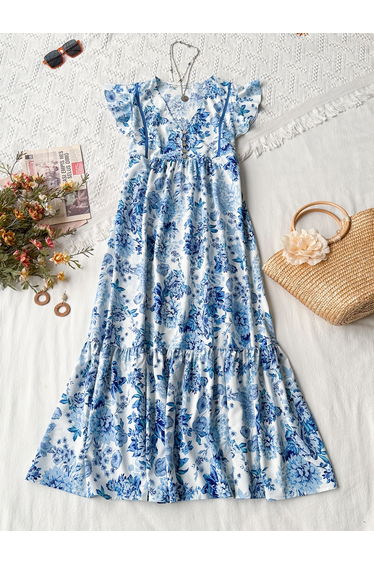 Blue Floral Sleeveless Maxi Dress