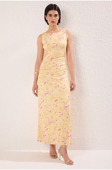 Orange Flower Printed Bright Surface Boat Rock Body-Hugging Stretchy Knitted Pencil Dress