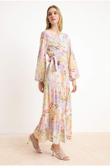 Pink Multicolored Floral Tie Detailed Woven Bottom-Top Set