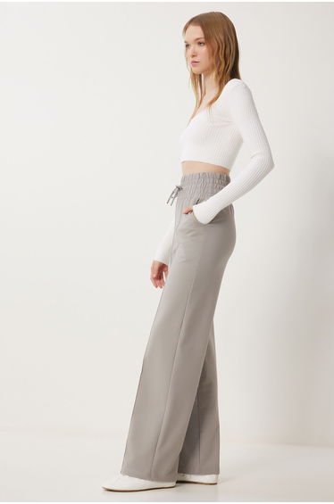 Women's Light Grey Pocket Basic Knitted Sweatpants