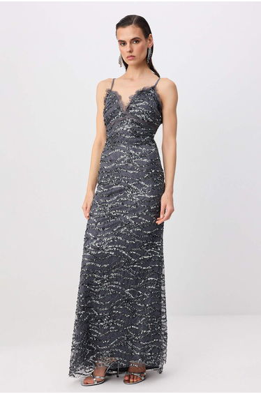 Anthracite Textured Woven Maxi Evening Dress & Graduation Dress