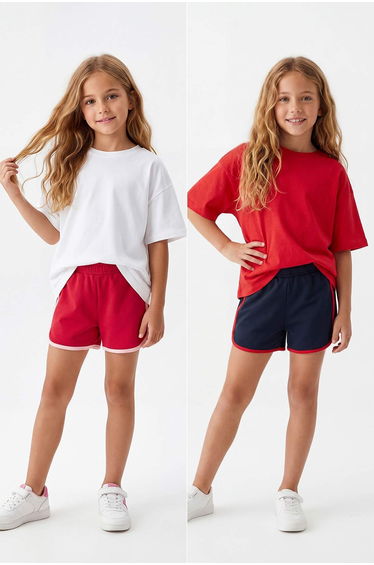 Red-Navy Blue Plain Knitted Shorts & Bermuda
