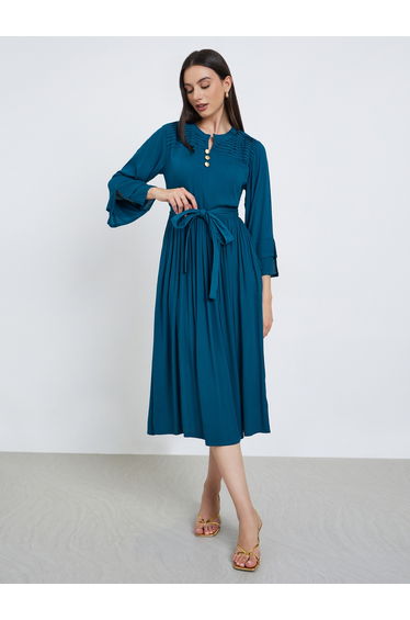 Teal Pintuck Panel Dress with Tie Belt