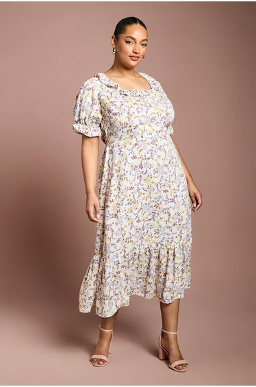 Curve Ruffle Neckline Frill Sleeve Tiered Midi Dress
