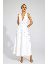 Wanda White V-neck Backless Sleeveless Dress - 2