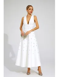 Wanda White V-neck Backless Sleeveless Dress - 3
