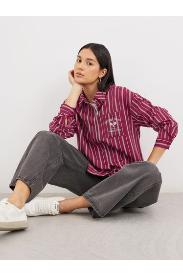 Red Printed Chest Pocket Striped Oversized Shirt