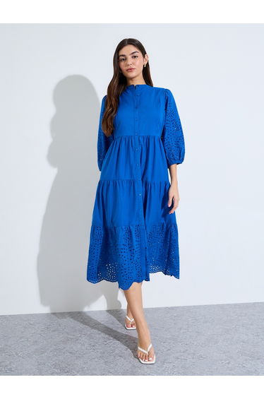 Blue Schiffli Detail Shirt Midi Dress