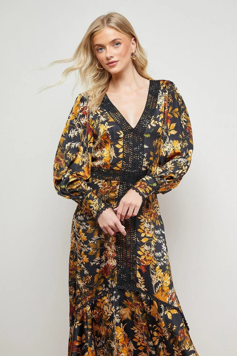 Printed Lace Trim Detail High Low Hem Midi Dress - 1