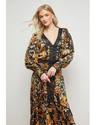 Printed Lace Trim Detail High Low Hem Midi Dress - 1