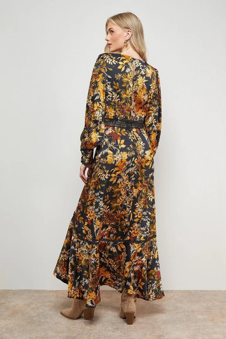 Printed Lace Trim Detail High Low Hem Midi Dress - 3