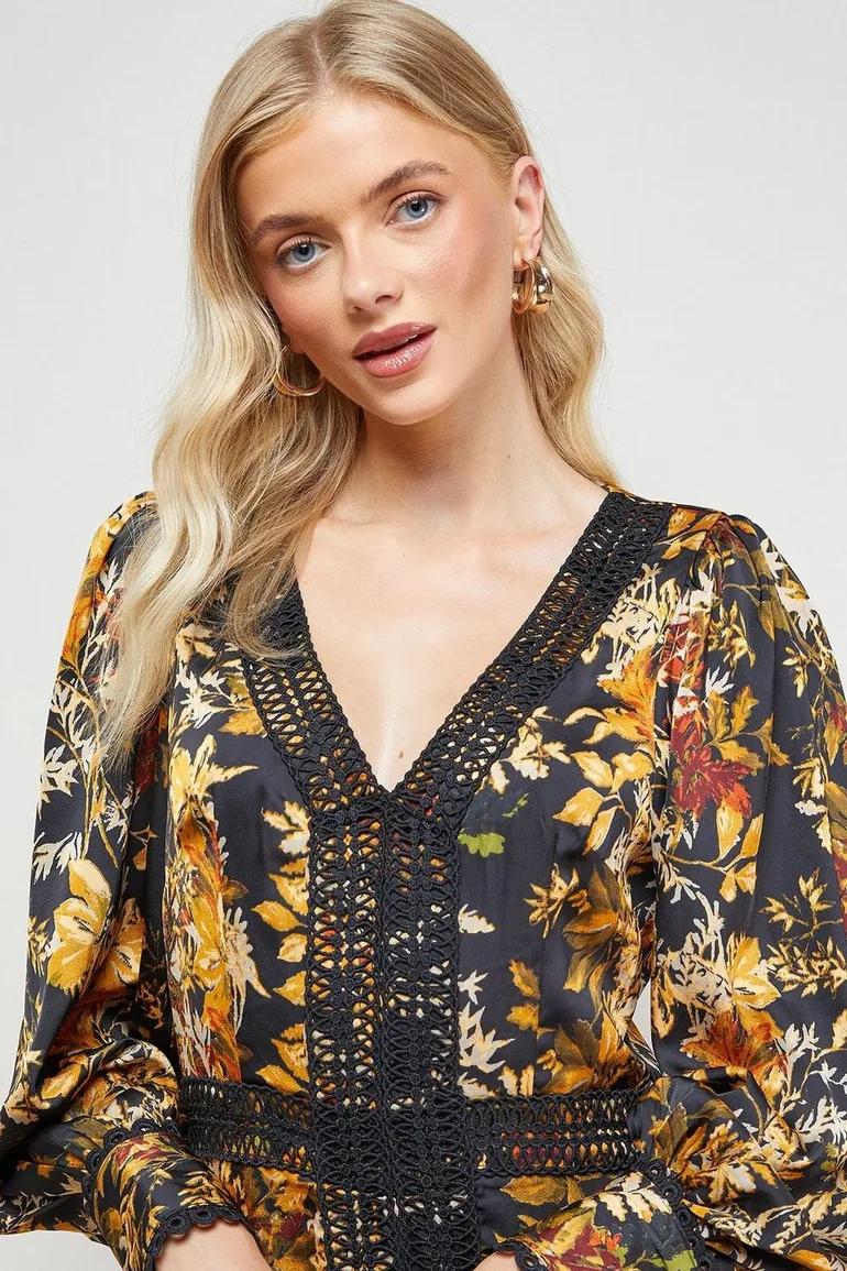 Printed Lace Trim Detail High Low Hem Midi Dress - 2