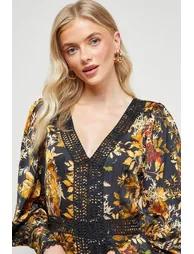 Printed Lace Trim Detail High Low Hem Midi Dress - 2