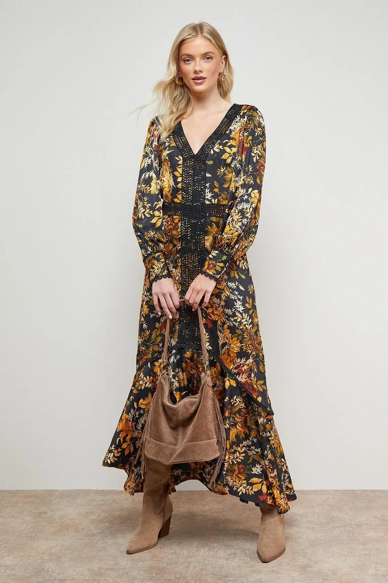 Printed Lace Trim Detail High Low Hem Midi Dress