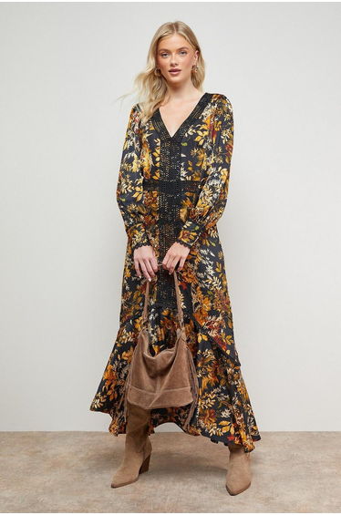 Printed Lace Trim Detail High Low Hem Midi Dress