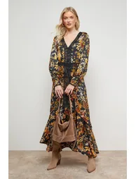 Printed Lace Trim Detail High Low Hem Midi Dress