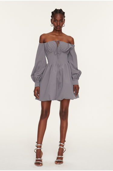 Daoud Off Shoulder Ruch Mini Dress In Grey