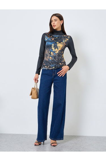 Graphic Print High Neck Long Sleeve Top