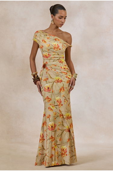 Asiya | Orange Floral Asymmetric-Neck Maxi Dress With Gathered Detailing