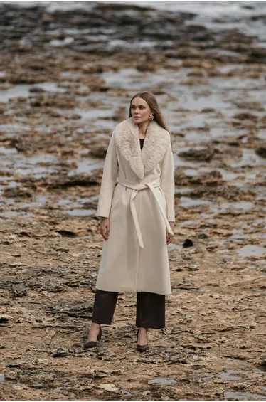 Detachable Fur Collar Snap Closure Mid-Length Coat ECRU