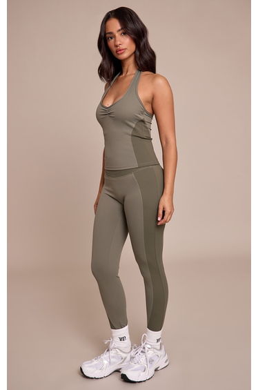 Petite Olive Sculpt Rib Panel Halterneck Gym Top