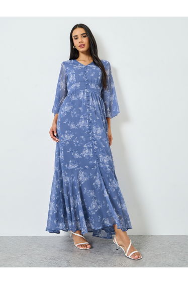 Blue Floral Print Mermaid Maxi Dress with 3/4th Sleeves